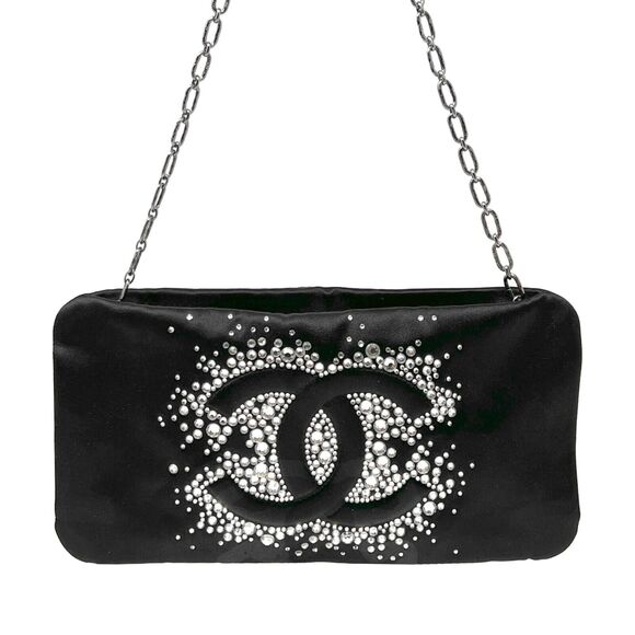 CHANEL Handbags - Chanel Diamante Black Satin Swarovski Crystal Clutch Evening Bag Chain Strap